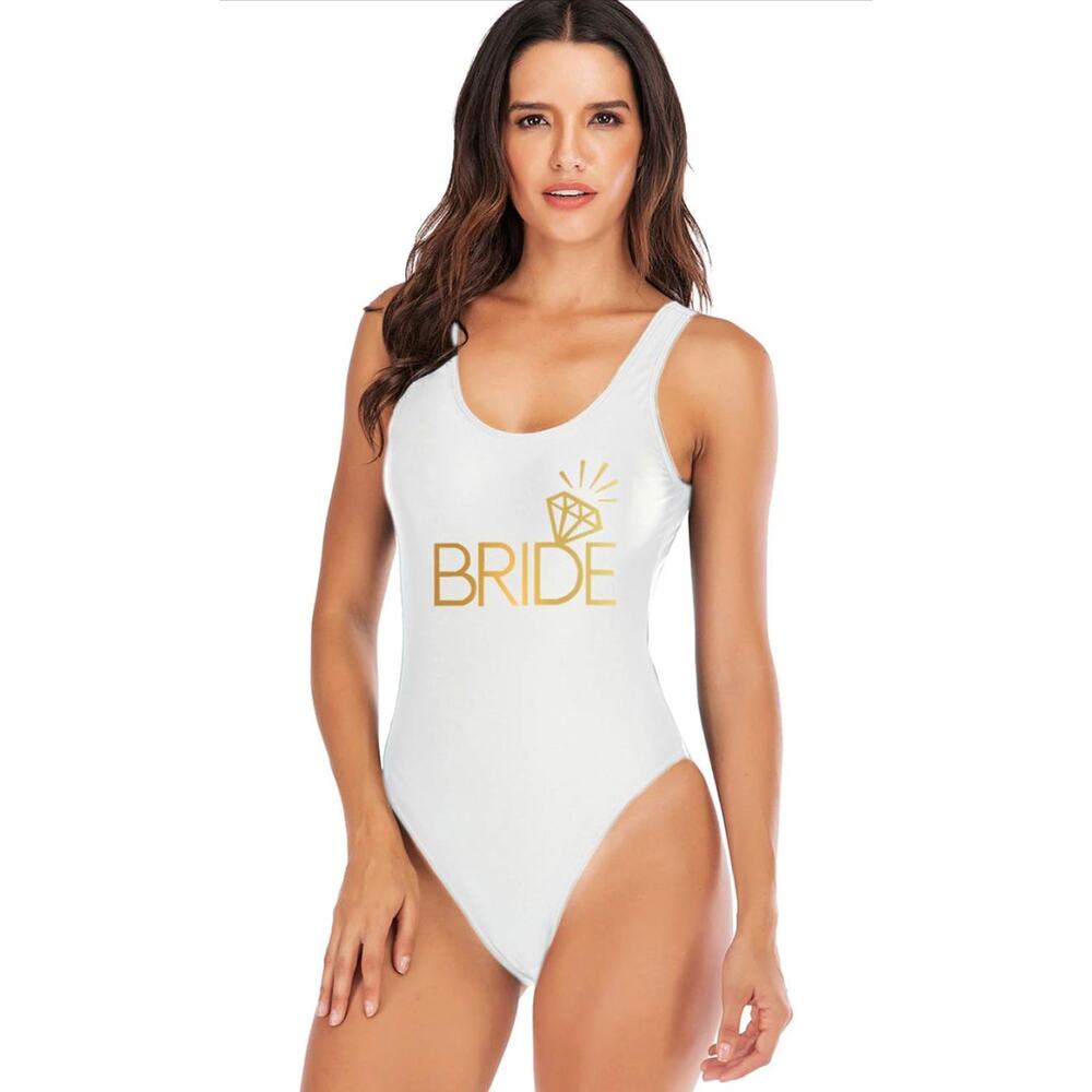 Bride Women’s One Piece Swimsuit Letter Print High Cut Monokini Bridesmaid Team